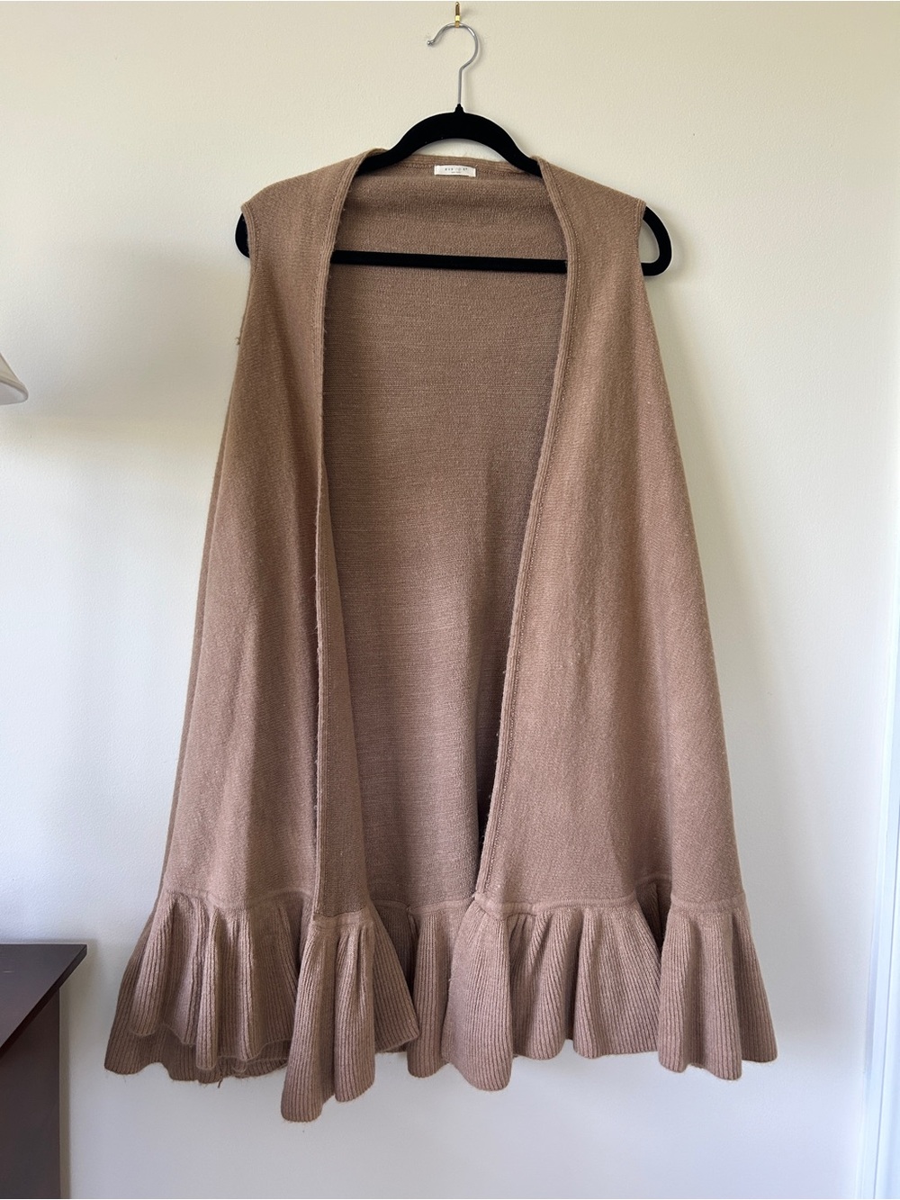 Ruffle-Hem Open-Front Sweater Vest in Taupe